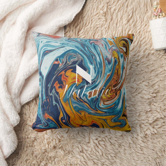 Elegant Luxury Blue Gold Monogram Cushion (Blanket)