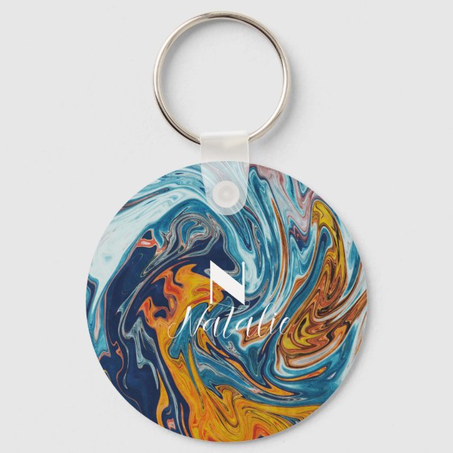 Elegant Luxury Blue Gold Monogram          Key Ring (Front)