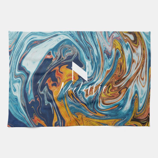 Elegant Luxury Blue Gold Monogram          Tea Towel (Horizontal)