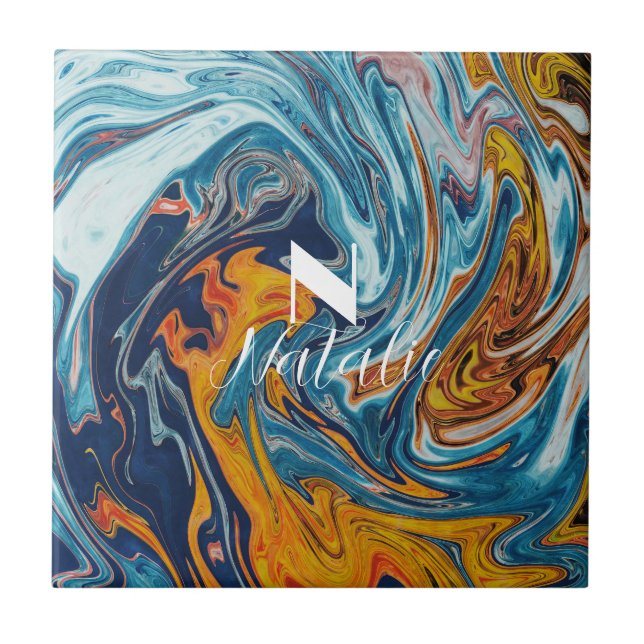 Elegant Luxury Blue Gold Monogram       Tile (Front)