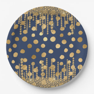 Elegant Luxury Blue Gold Rhinestones Jewels Bling Paper Plate