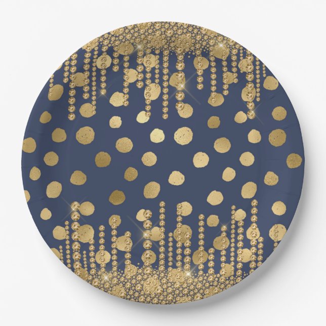 Elegant Luxury Blue Gold Rhinestones Jewels Bling Paper Plate (Front)