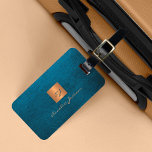 Elegant luxury blue leather look gold monogrammed luggage tag<br><div class="desc">Luxury monogrammed luggage tag with a navy blue leather look background and a faux gold copper metallic brushed square with elegant script signature name and monogram initials. Easy to personalise creating your own logo with your business or personal initials and name. Could be an elegant personalised business corporate travel branded...</div>
