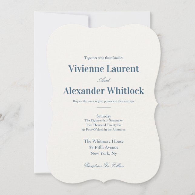 Elegant Luxury Blue Minimalist Timeless Wedding  Invitation (Front)