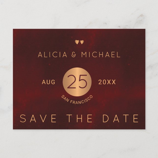 Elegant luxury burgundy gold wedding save date announcement postcard (Front)