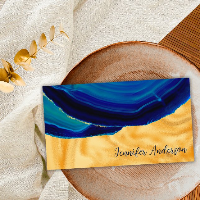 Elegant Luxury Chic Gold Blue Agate Social Media Business Card (Front)