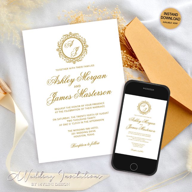Elegant Luxury Dark Gold Monogram White Wedding Invitation (Creator Uploaded)