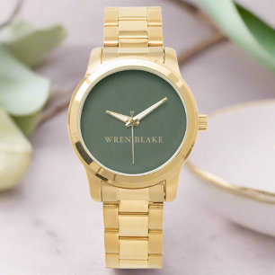 Elegant Luxury Dark Green & Gold Name Birthday Watch