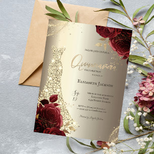 Elegant Luxury Dress Red Roses Gold Quinceañera Invitation