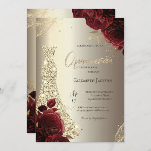 Elegant Luxury Dress Red Roses Gold Quinceañera Invitation