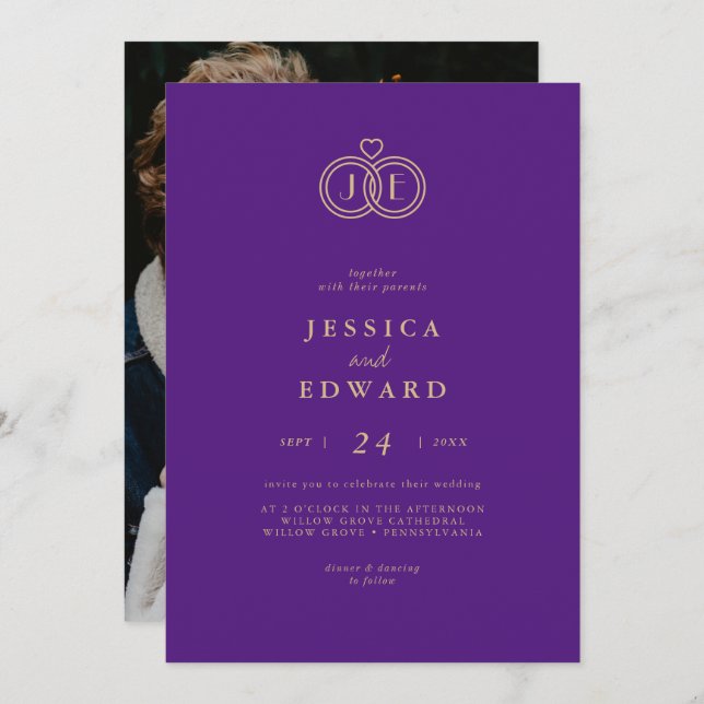 Elegant Luxury Eggplant Monogram Photo Wedding Invitation (Front/Back)
