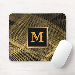Elegant Luxury Gold Black Wave Monogrammed Mouse Pad