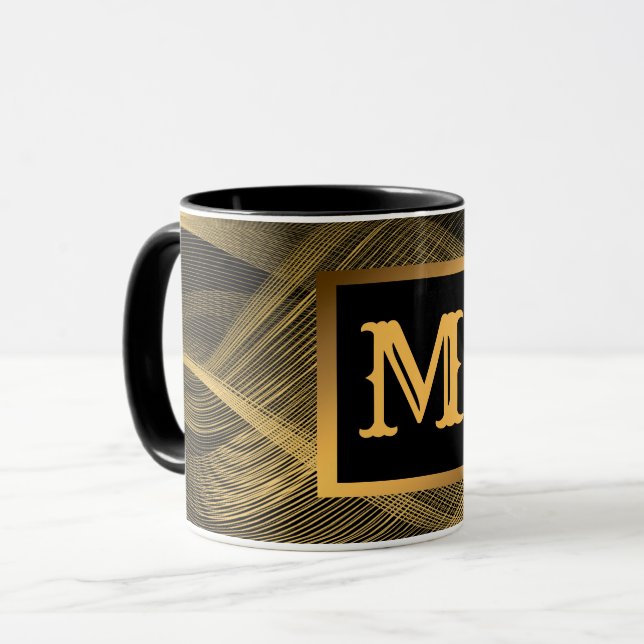 Elegant Luxury Gold Black Wave Monogrammed Mug (Front Left)