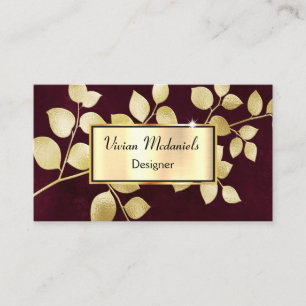 Elegant Luxury Gold & Burgundy Leaves Business Card