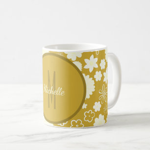 ELEGANT LUXURY GOLD CREAM FLOWER MONOGRAM FLORAL COFFEE MUG
