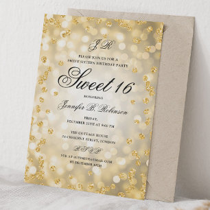 Elegant Luxury Gold Glitter Lights Sweet 16  Invitation