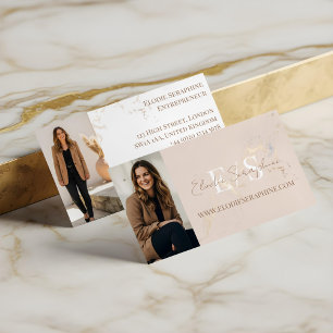Elegant Luxury Gold Marble Script Monogram Photos Business Card