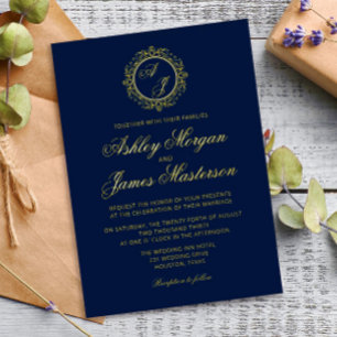 Elegant Luxury Gold Monogram Navy Blue Wedding