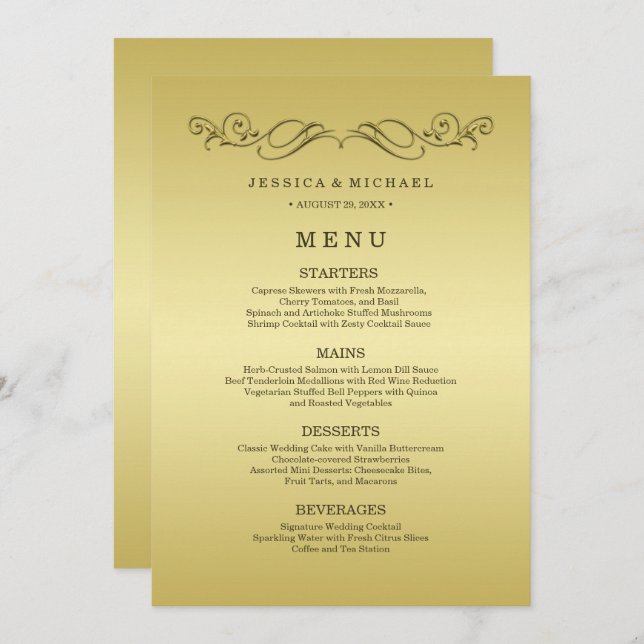 Elegant Luxury Gold Ornate wedding Menu (Front/Back)