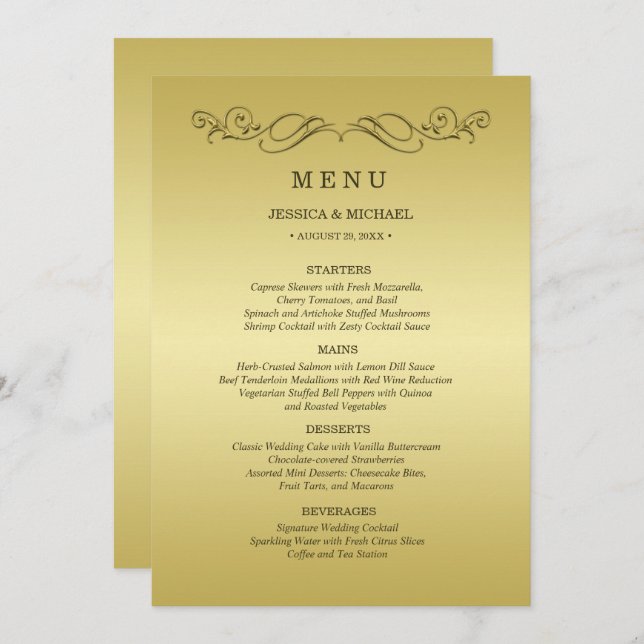 Elegant Luxury Gold Ornate wedding Menu (Front/Back)