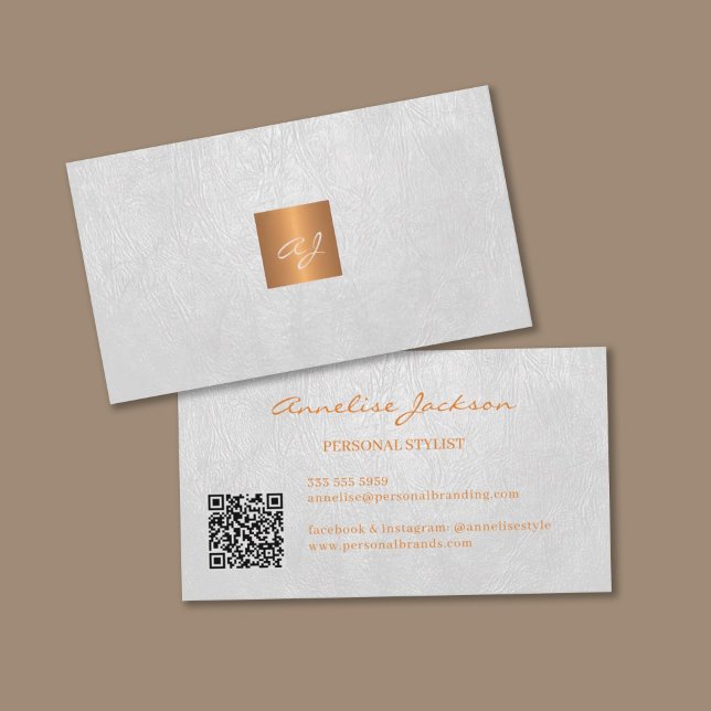 Elegant luxury gold white monogram QR code Business Card (Creator Uploaded)