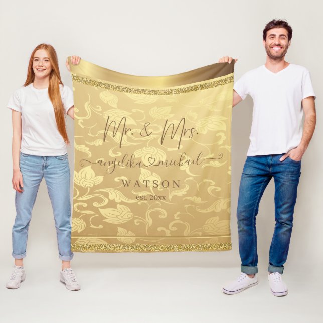 Elegant Luxury Golden Damask Mr. and Mrs. Trendy Fleece Blanket (In Situ)