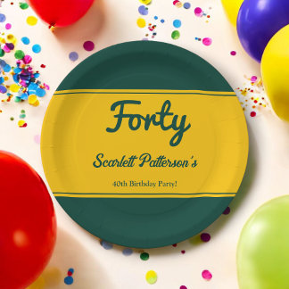 Elegant Luxury Green And Gold Chic 40th Birthday Paper Plate