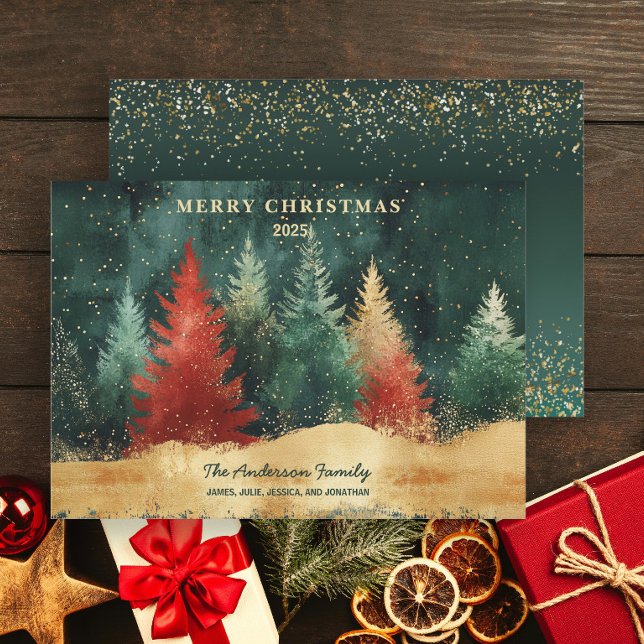 Elegant Luxury Green Gold Red Christmas Tree  Holiday Card (Elegant green, red, and gold glitter trees "Merry Christmas" greeting card)