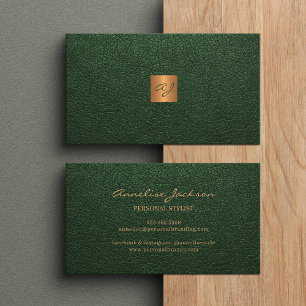 Elegant luxury green leather copper gold monogram business card