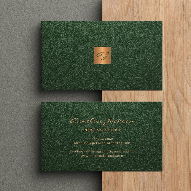 Elegant luxury green leather copper gold monogram business card (Creator Uploaded)