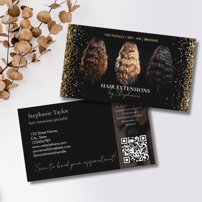 Elegant Luxury Hair Extensions Wig Installs Photo Business Card (wigs business card with gold glitter details)