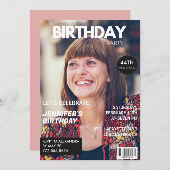 Elegant Luxury Magazine Photo 44th birthday Invitation (Front/Back)
