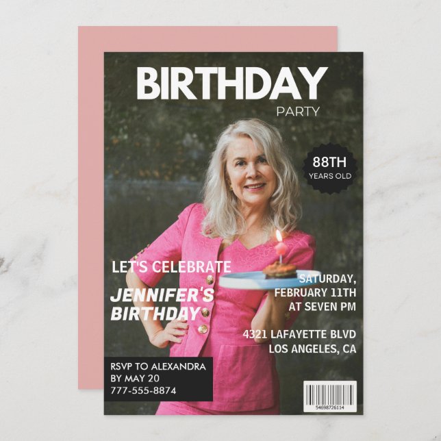 Elegant Luxury Magazine Photo 88th birthday Invitation (Front/Back)
