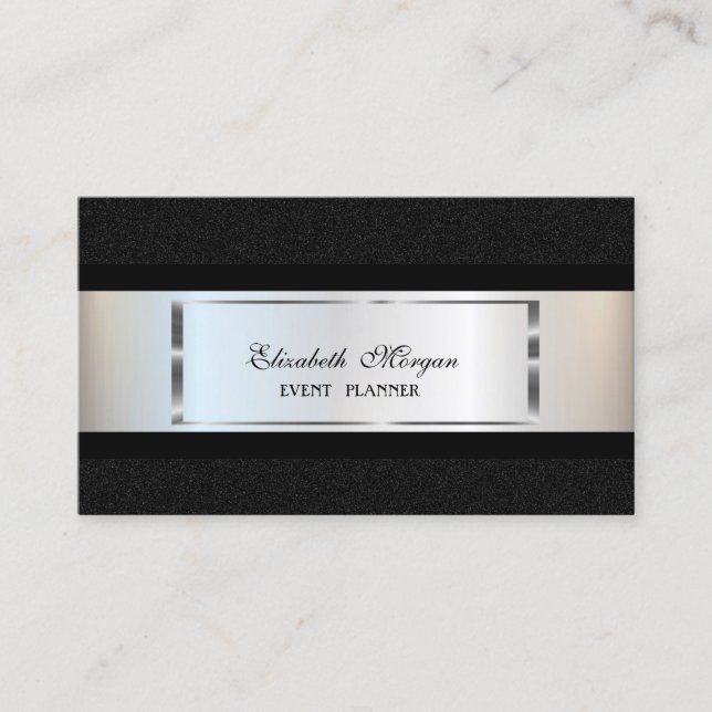 Elegant Luxury  Modern, Silver  Frame ,Black Business Card (Front)