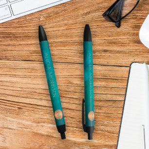 Elegant luxury monogram personalised gold green  black ink pen