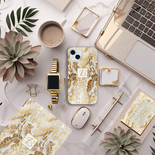 Elegant Luxury Monogrammed Gold and Ivory Monstera iPhone 15 Mini Case