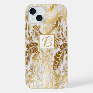 Elegant Luxury Monogrammed Gold and Ivory Monstera iPhone 15 Plus Case