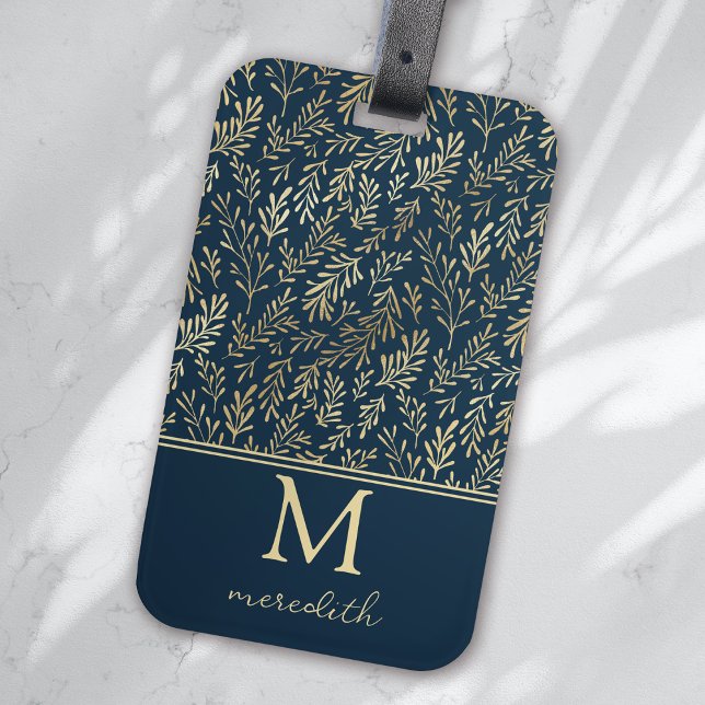 Elegant Luxury Navy Gold Leaf Monogram Luggage Tag (Creator Uploaded)