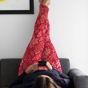 Elegant Luxury Red Gold Leaf Pattern Leggings