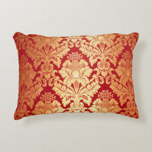 Elegant Luxury Retro Red Gold Damask Pattern Decorative Cushion