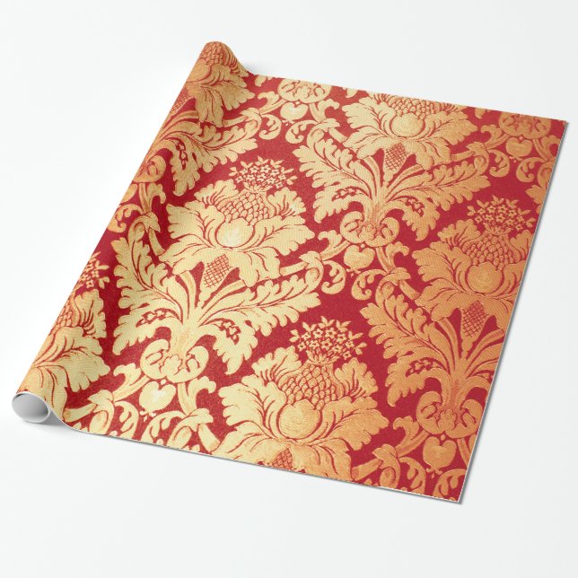 Elegant Luxury Retro Red Gold Damask Pattern Wrapping Paper (Unrolled)