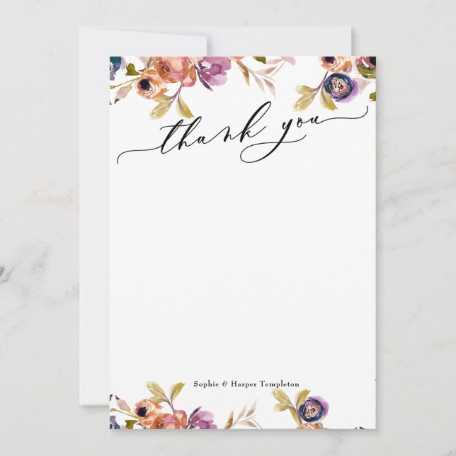 Elegant Luxury Script Purple & Orange Boho Floral Thank You Card (Front)