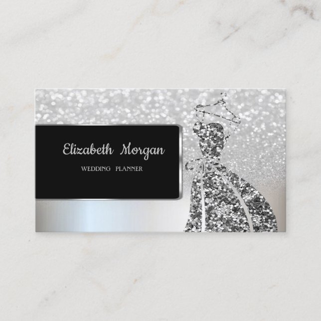 Elegant Luxury Silver  Glitter Bokeh Ombre, Dress Business Card (Front)