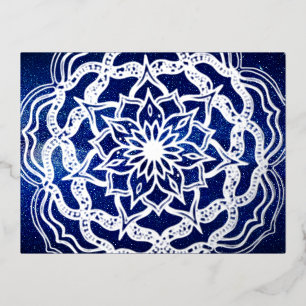 Elegant Luxury Silver Navy Blue Mandala Reiki Yoga Foil Holiday Postcard