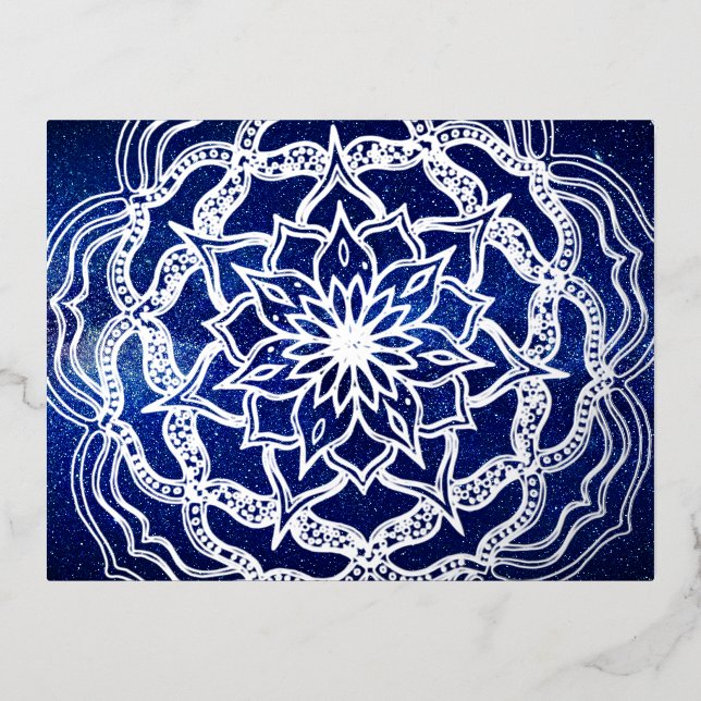 Elegant Luxury Silver Navy Blue Mandala Reiki Yoga Foil Holiday Postcard (Front)