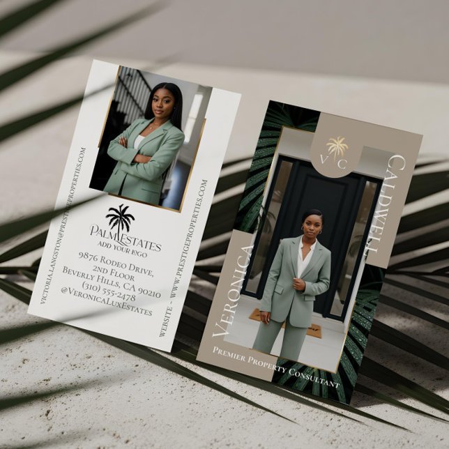 Elegant Luxury Tropical Palm Tree Monogram Photo Business Card (Elegant Luxury Tropical Palm Tree Monogram Photo Business Card)