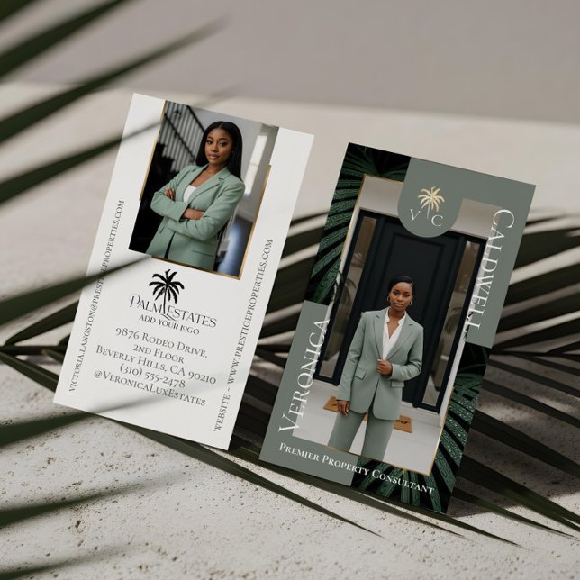 Elegant Luxury Tropical Palm Tree Monogram Photo Business Card (Elegant Luxury Tropical Palm Tree Monogram Photo Business Card)