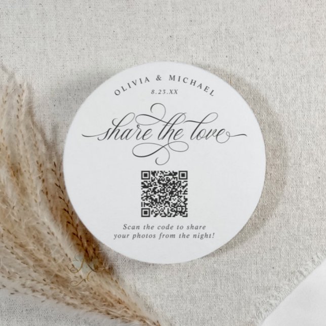 Elegant Luxury Wedding Photo Sharing QR Code Round Paper Coaster (Elegant black and white wedding QR code coaster with calligraphy for guest photo sharing.)