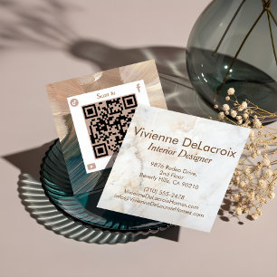 Elegant Luxury White Marble Watercolor QR Code  Square Business Card