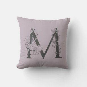 Elegant M Boho Floral Monogram Initial Lilac Grey Cushion